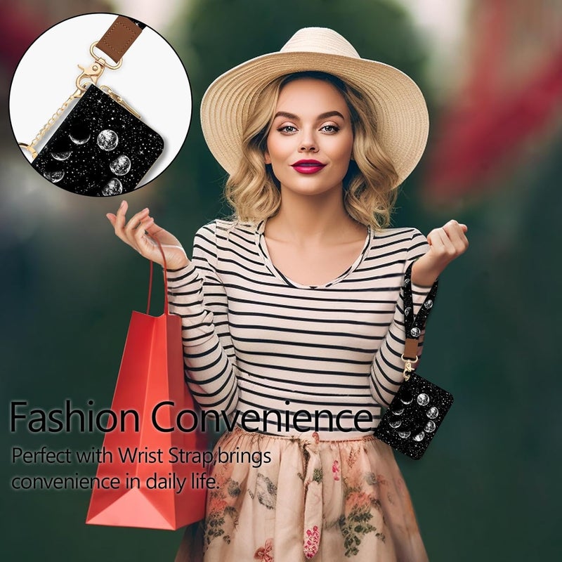 Blusabaca Credit Card Holder for Women, Moon Small RFID Blocking Wallet with Wristlet Strap, Keychain Zipper Women Wallet, Leather Card Case, Card Wallet Purse with Key Lanyard - Image 2